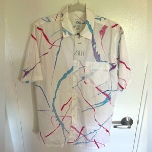 Zara Short Sleeve Button-Down in White with Design